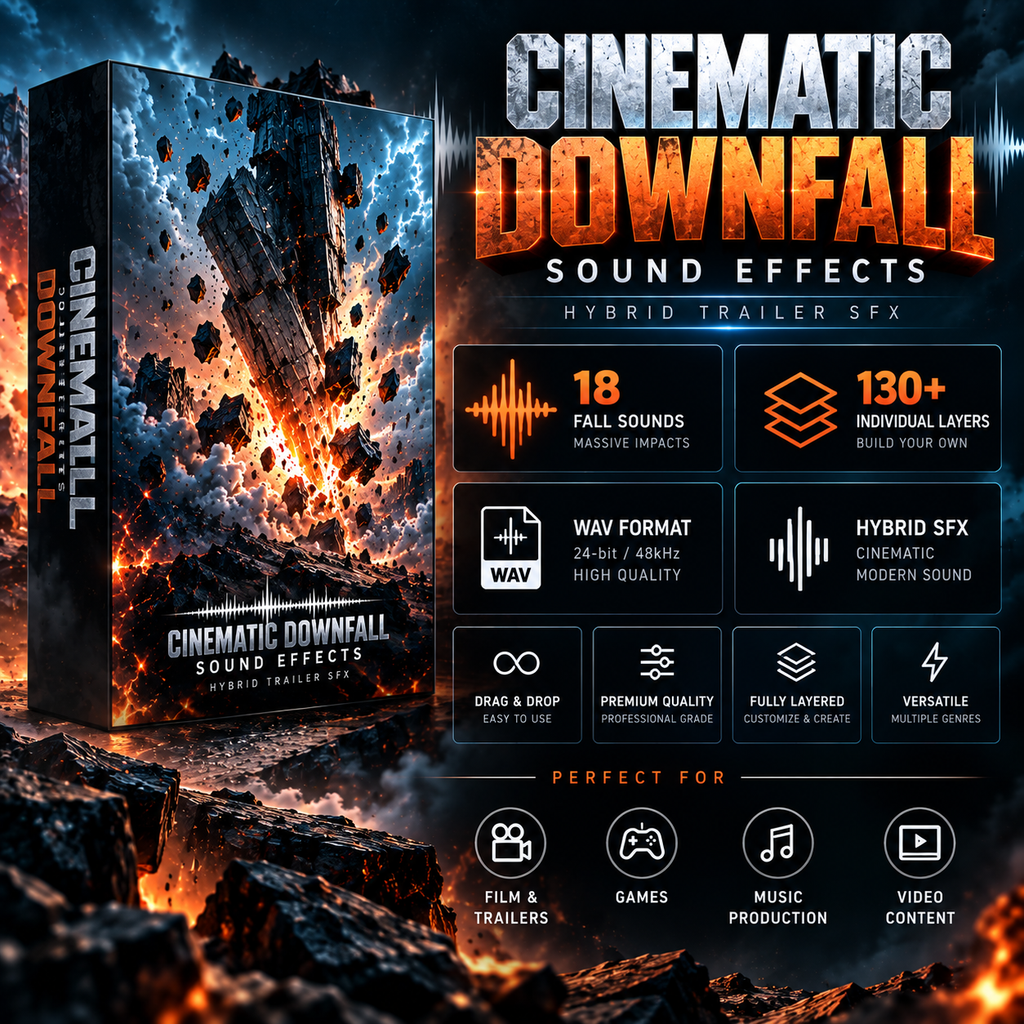Promotional graphic for Cinematic Downfall Sound Effects, showing a software/package box on the left and feature callouts on the right. The artwork depicts an explosive volcanic or landslide scene with debris, glowing orange fire, dark rock, and dramatic smoke.