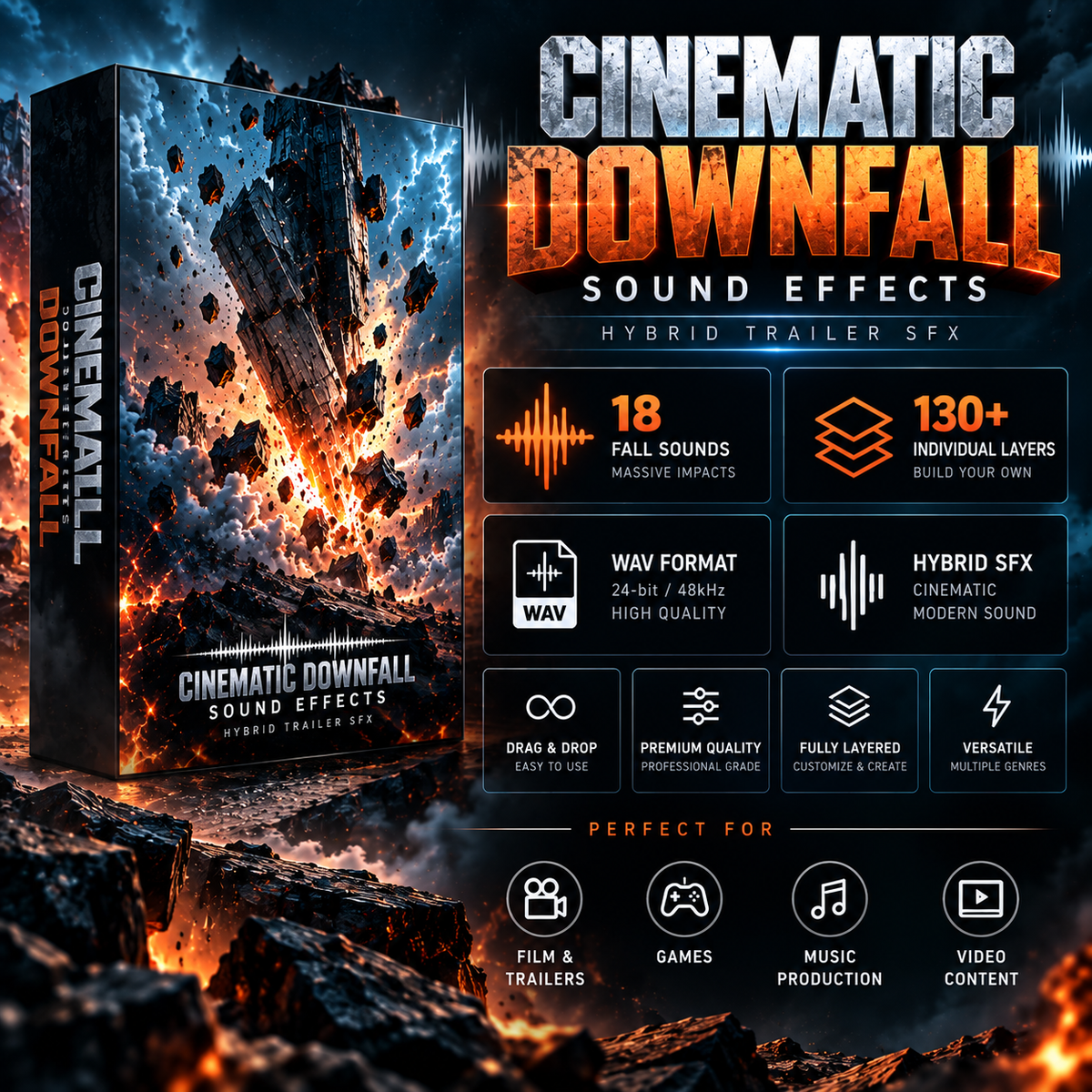 Promotional graphic for Cinematic Downfall Sound Effects, showing a software/package box on the left and feature callouts on the right. The artwork depicts an explosive volcanic or landslide scene with debris, glowing orange fire, dark rock, and dramatic smoke.