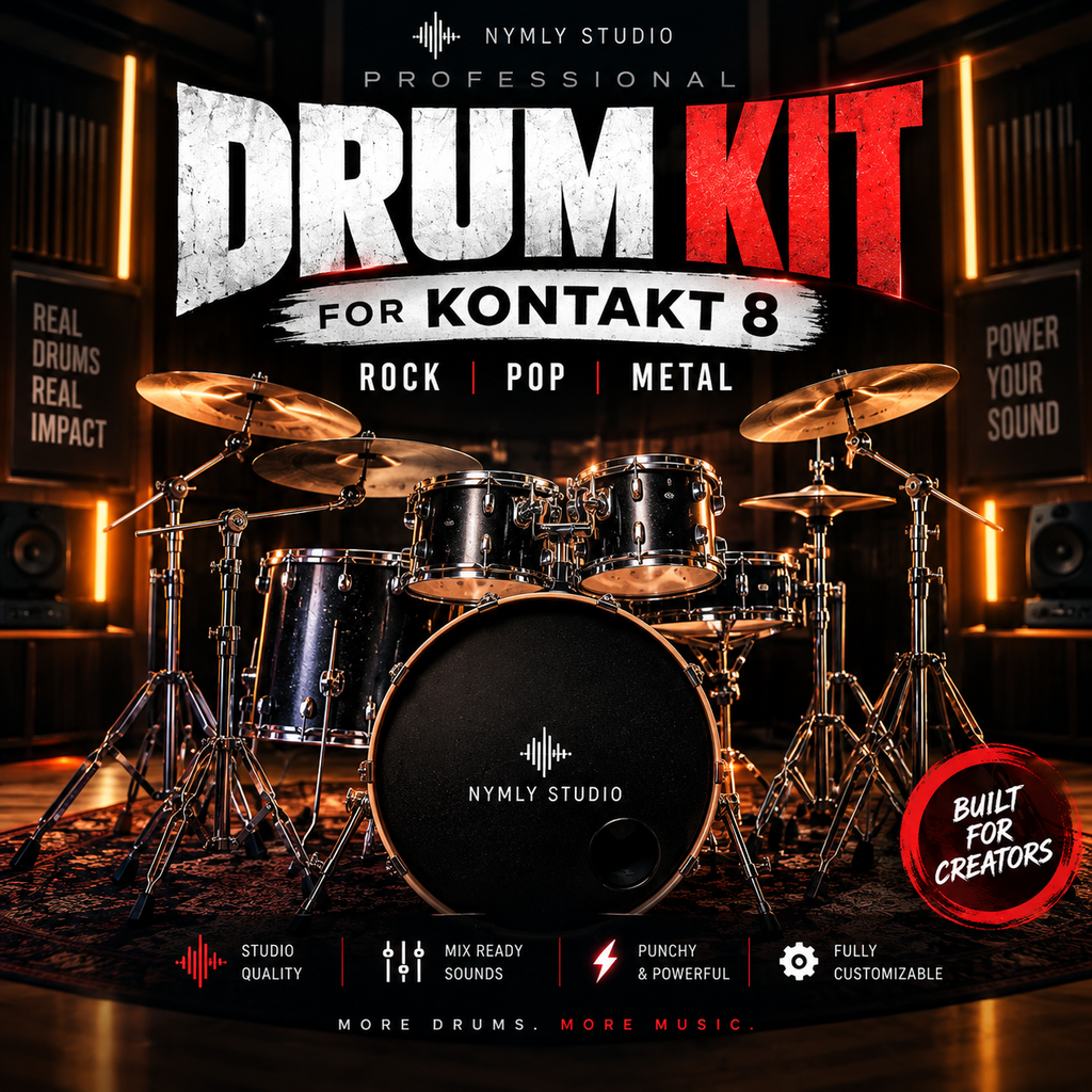Promotional cover art for a Nymly Studio professional drum kit for Kontakt 8, featuring a full drum set in a dark studio environment with warm orange lighting. The text highlights the kit's suitability for rock, pop, and metal genres, along with features like studio quality and mix-ready sounds.