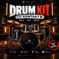 Promotional cover art for a Nymly Studio professional drum kit for Kontakt 8, featuring a full drum set in a dark studio environment with warm orange lighting. The text highlights the kit's suitability for rock, pop, and metal genres, along with features like studio quality and mix-ready sounds.