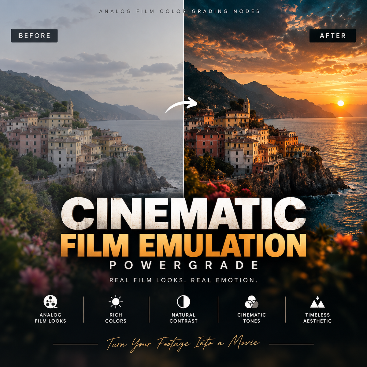 Promotional graphic for a film emulation software or preset pack, showing a coastal hillside town scene labeled 'Before' and 'After' with warm cinematic grading. Large text reads 'CINEMATIC FILM EMULATION POWERGRADE,' with smaller feature callouts along the bottom.