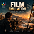 Promotional graphic for a Davinci Resolve color grading plugin, featuring a filmmaker in profile with a camera tripod against a dramatic coastal sunset scene. Large text reads 'FILM EMULATION' and 'FOR DAVINCI RESOLVE,' with smaller callouts about cinematic vintage and modern natural looks.
