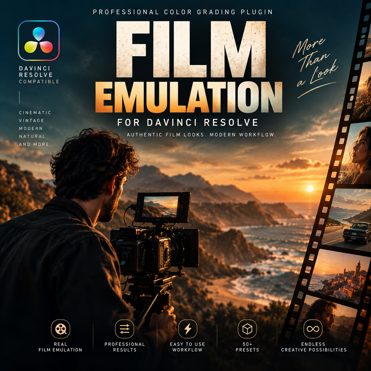 Promotional graphic for a Davinci Resolve color grading plugin, featuring a filmmaker in profile with a camera tripod against a dramatic coastal sunset scene. Large text reads 'FILM EMULATION' and 'FOR DAVINCI RESOLVE,' with smaller callouts about cinematic vintage and modern natural looks.