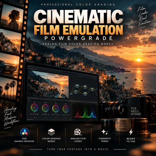 Promotional graphic for Cinematic Film Emulation Powergrade software, showing a computer monitor with a film grading interface, film reels, a camera lens, and a scenic sunset coastal landscape. Text highlights analog film color grading nodes, Davinci Resolve compatibility, and cinematic tones.