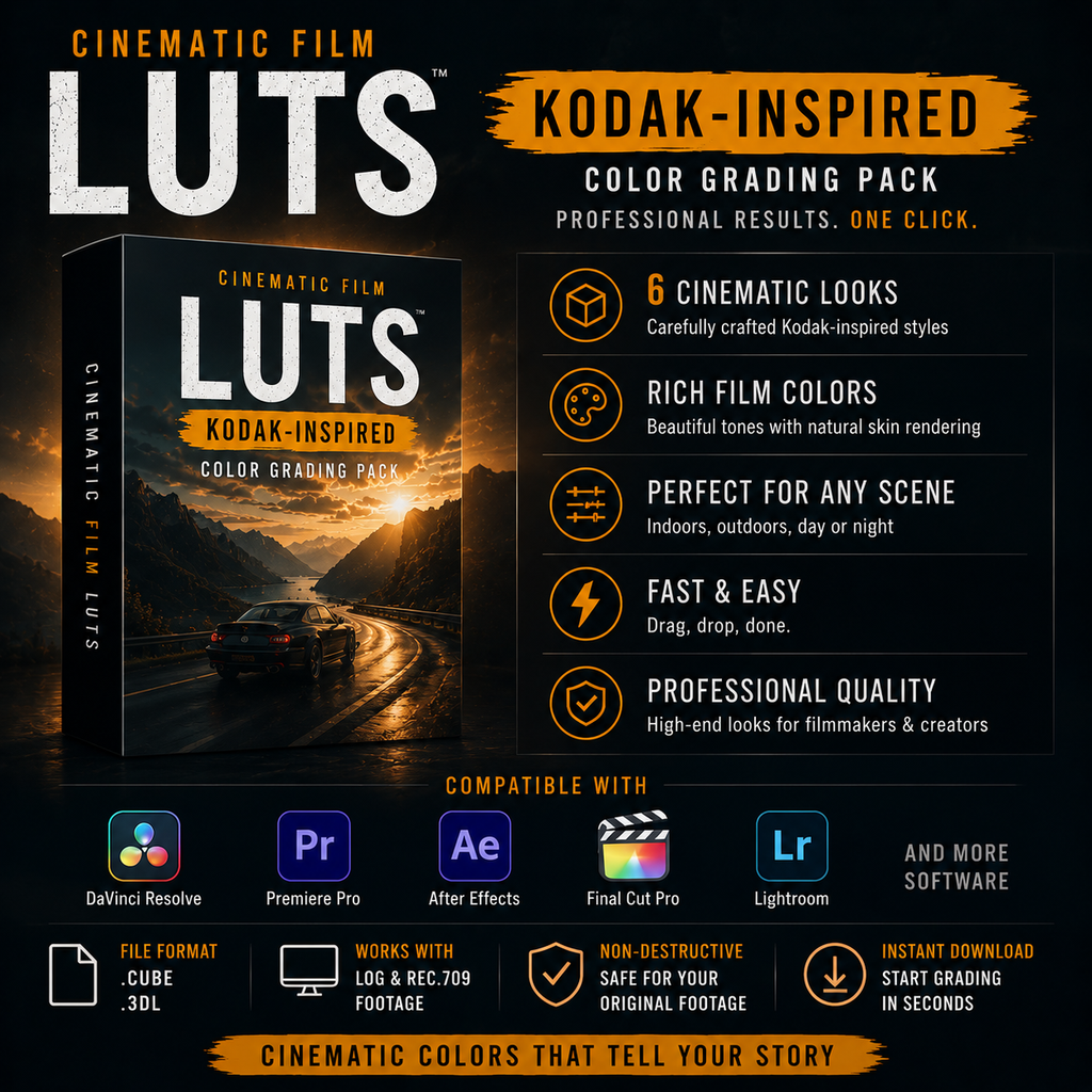 Promotional graphic for a LUTs color grading pack, featuring a dark film-scene background with a car and a boxed product render. Large text reads 'CINEMATIC FILM LUTS' and 'KODAK-INSPIRED COLOR GRADING PACK,' with feature callouts, compatibility logos for DaVinci Resolve, Premiere Pro, After Effects, Final Cut Pro, and Lightroom, and download icons.