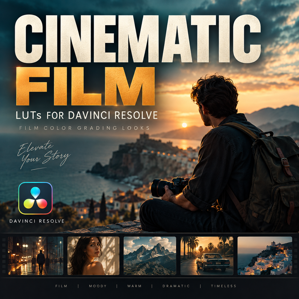 Promotional graphic for cinematic film LUTs for DaVinci Resolve, featuring large bold text over a scenic sunset seascape with a seated photographer, plus small before/after style example thumbnails along the bottom.