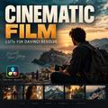 Promotional graphic for cinematic film LUTs for DaVinci Resolve, featuring large bold text over a scenic sunset seascape with a seated photographer, plus small before/after style example thumbnails along the bottom.