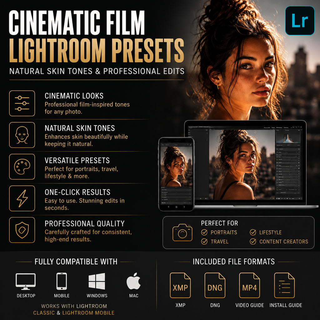 Promotional graphic for Cinematic Film Lightroom Presets, showing a woman's face in warm cinematic lighting on a dark background, with text describing natural skin tones and professional edits. Includes compatibility icons for desktop, mobile, Windows, and Mac, and file format icons for XMP, DNG, and MP4.