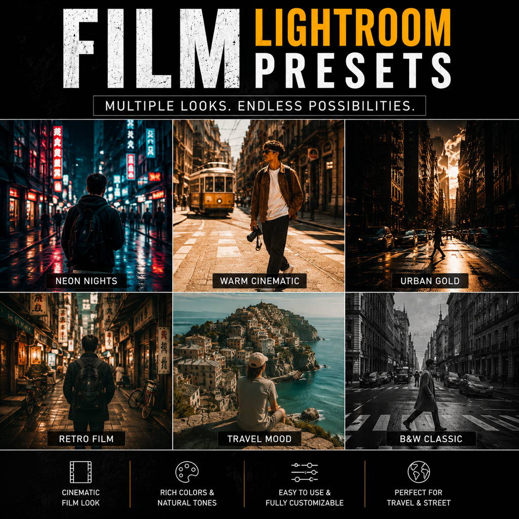 Promotional graphic for Film Lightroom Presets, showing six example photo panels with cinematic color treatments labeled Neon Nights, Warm Cinematic, Urban Gold, Retro Film, Travel Mood, and B&W Classic. Large text at the top reads 'FILM LIGHTROOM PRESETS,' and a black strip at the bottom lists features like cinematic film look, rich colors, and easy customization.