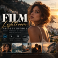 Promotional graphic for a Film Lightroom Presets Bundle by Nymy Studio, featuring a warm sunset portrait of a woman, large title text, feature icons, and four example photo results at the bottom.