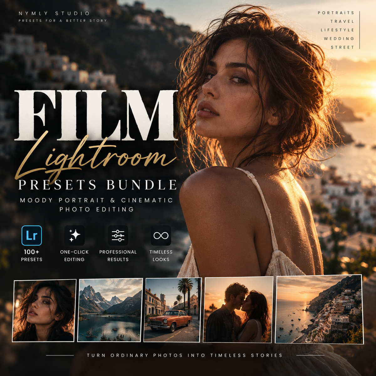 Promotional graphic for a Film Lightroom Presets Bundle by Nymy Studio, featuring a warm sunset portrait of a woman, large title text, feature icons, and four example photo results at the bottom.