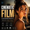Promotional graphic for Lightroom presets titled 'Cinematic Film' with a woman in warm golden-hour lighting on the right and text/icons on the left indicating cinematic look, natural skin tones, professional results, and supported platforms.