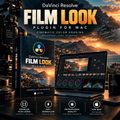 Promotional graphic for the DaVinci Resolve Film Look Plugin for Mac, showing a software box, an open laptop with editing interface, and a dark scenic background. Large text reads 'DaVinci Resolve FILM LOOK Plugin for Mac' with feature callouts along the bottom.