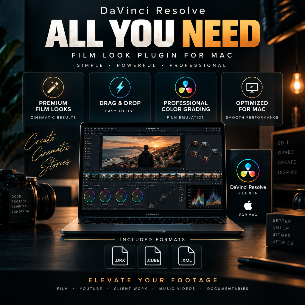 Promotional graphic for DaVinci Resolve All You Need film look plugin for Mac, shown on a laptop and phone mockup with feature callouts and format icons on a dark desk background.
