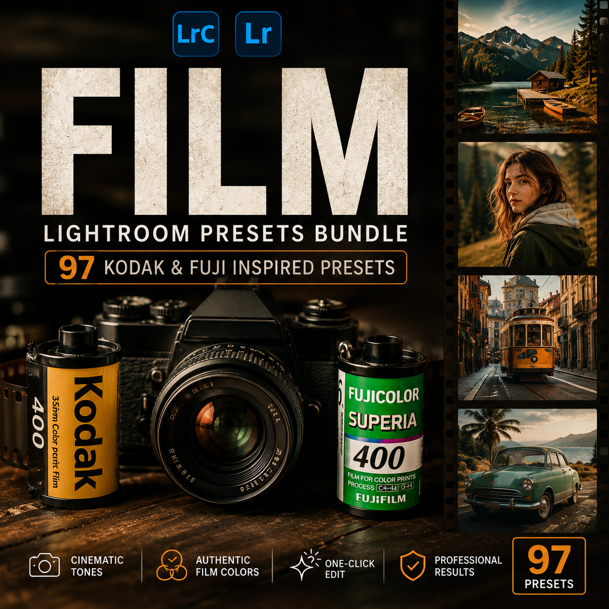 Promotional graphic for a Film Lightroom Presets Bundle, featuring large textured 'FILM' text, two vintage film canisters labeled Kodak and FujiColor, a camera lens, and several example photo portraits and landscapes on the right. Text highlights 97 Kodak & Fuji inspired presets.