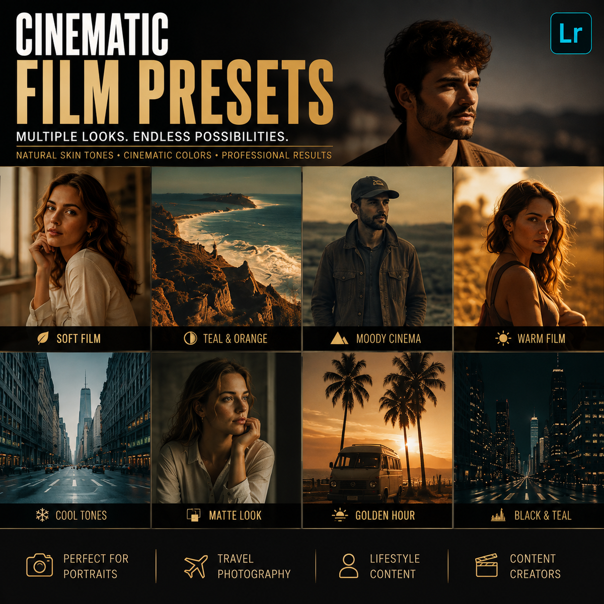Promotional graphic for cinematic film presets, showing a grid of portrait and landscape photo examples with warm, moody, and cool color treatments. Large text reads 'CINEMATIC FILM PRESETS' with smaller copy about multiple looks and endless possibilities.