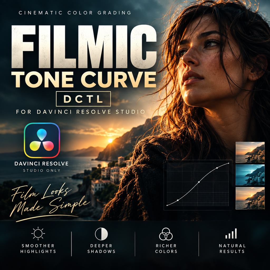 Promotional graphic for a digital tone curve grading tool called Filmic Tone Curve for Davinci Resolve Studio. The design features a cinematic sunset landscape with a woman in the foreground, a curve graph, and before/after style thumbnails, with text highlighting smoother highlights, deeper shadows, richer colors, and natural results.
