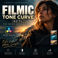 Promotional graphic for a digital tone curve grading tool called Filmic Tone Curve for Davinci Resolve Studio. The design features a cinematic sunset landscape with a woman in the foreground, a curve graph, and before/after style thumbnails, with text highlighting smoother highlights, deeper shadows, richer colors, and natural results.