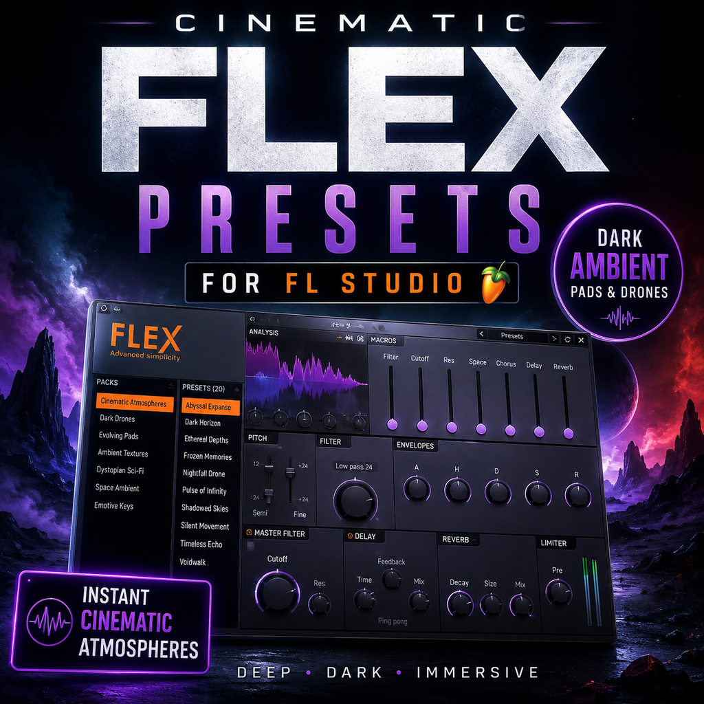 Promotional graphic for Cinematic Flex Presets for FL Studio, showing a dark atmospheric preset interface with knobs, sliders, and waveform visualizers over a dramatic purple and pink sci-fi landscape background.