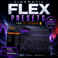 Promotional graphic for Cinematic Flex Presets for FL Studio, showing a dark atmospheric preset interface with knobs, sliders, and waveform visualizers over a dramatic purple and pink sci-fi landscape background.