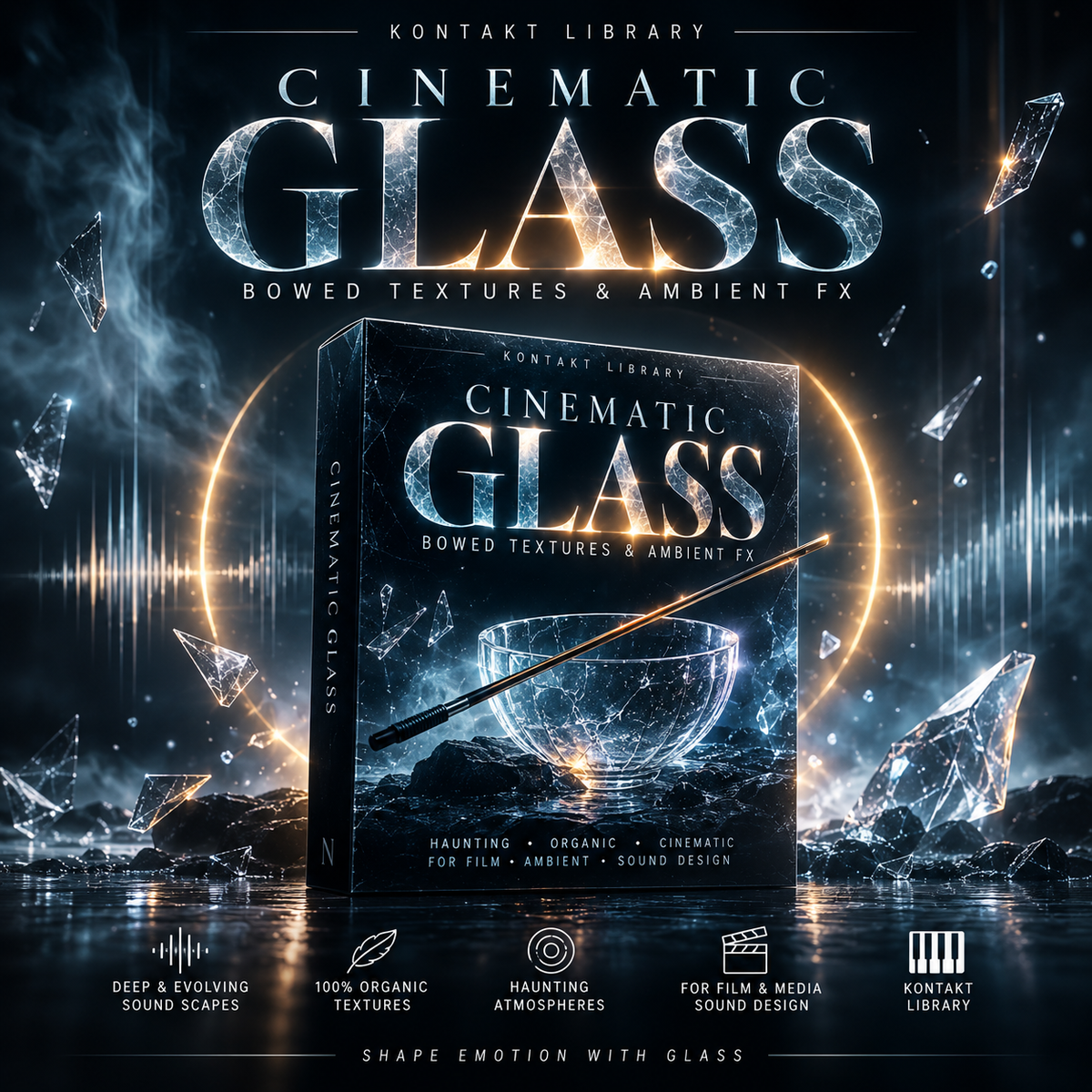 Promotional cover art for a Kontakt Library asset pack titled 'Cinematic Glass Bowed Textures & Ambient FX,' showing a stylized software box in a dramatic sci-fi glass-world scene with glowing rings, shards, and text callouts.
