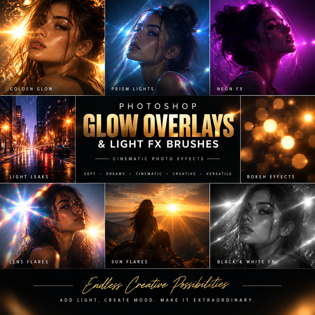 Promotional graphic for Photoshop glow overlays and light FX brushes, showing a collage of portrait and landscape photo examples with text labels such as Golden Glow, Prism Lights, Neon FX, Light Leaks, Sun Flares, and Black & White FX.