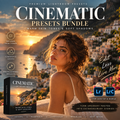 Promotional graphic for a Cinematic Presets Bundle for Lightroom, featuring a woman in a warm sunset landscape with coastal buildings. Large text reads 'CINEMATIC PRESETS BUNDLE' with supporting copy about warm skin tones, soft shadows, and editing benefits.