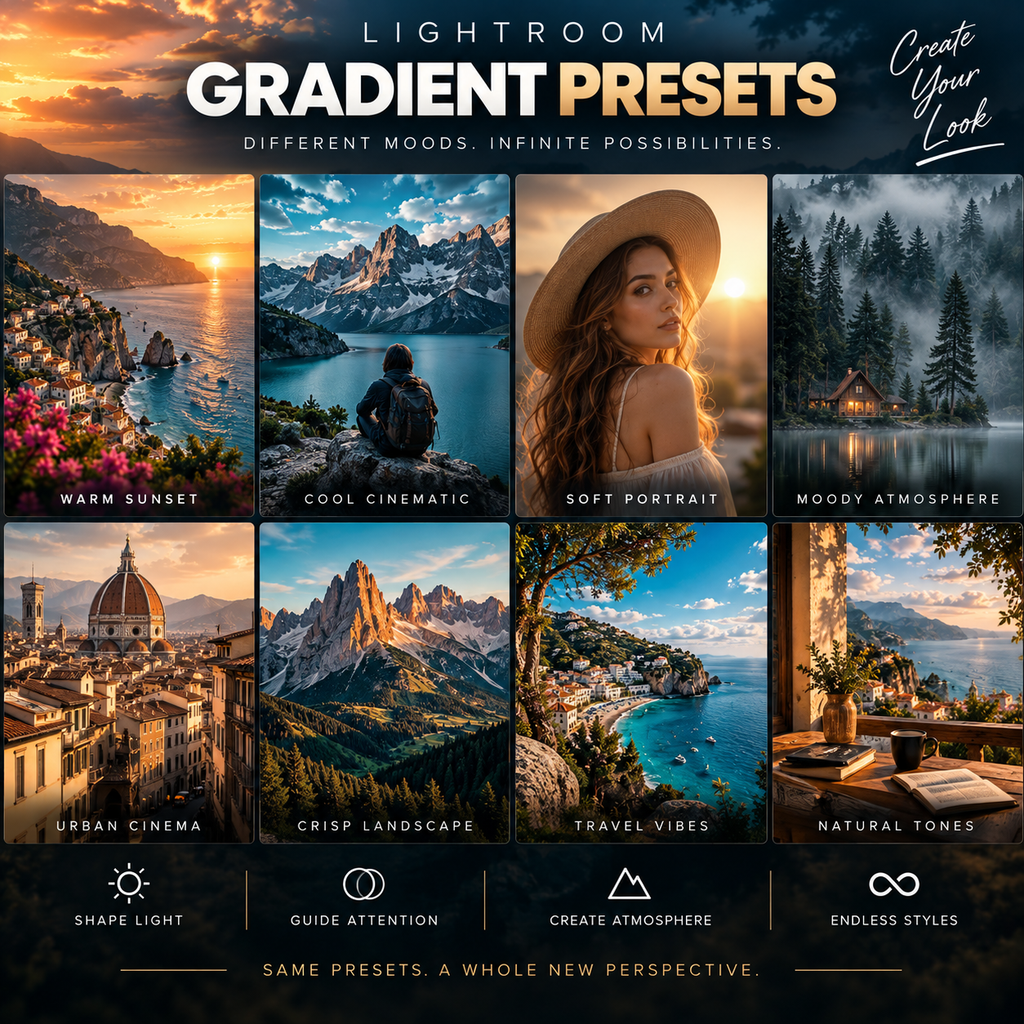 Promotional graphic for Lightroom gradient presets, showing a grid of eight edited landscape and portrait photos with warm and cool tones, plus large text reading 'Lightroom Gradient Presets' and smaller copy about different moods and infinite possibilities.