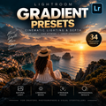 Promotional graphic for Lightroom gradient presets, featuring a scenic coastal sunset with a woman sitting on a cliff overlooking the sea. Large text reads 'LIGHTROOM GRADIENT PRESETS' with feature callouts and a Lightroom logo in the top right.