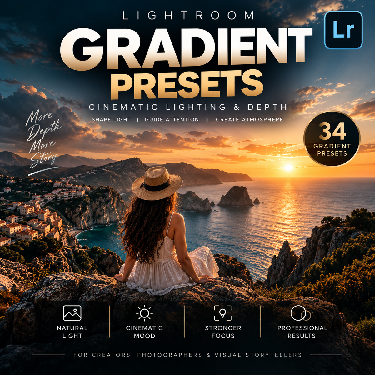 Promotional graphic for Lightroom gradient presets, featuring a scenic coastal sunset with a woman sitting on a cliff overlooking the sea. Large text reads 'LIGHTROOM GRADIENT PRESETS' with feature callouts and a Lightroom logo in the top right.