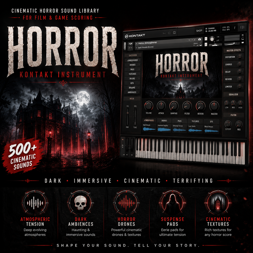 Promotional graphic for the Kontakt Horror Instrument, a cinematic horror sound library for film and game scoring. The design features a dark gothic castle under a full moon, a large virtual piano keyboard interface on the right, and five feature icons at the bottom highlighting atmospheric tension, dark ambiances, horror drones, suspense pads, and cinematic textures.