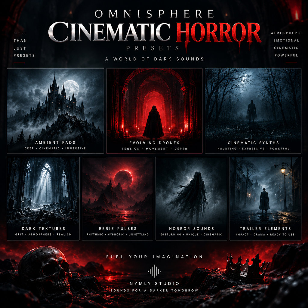 Promotional graphic for 'Omnisphere Cinematic Horror Presets' by Nymlv Studio, featuring six dark, moody horror-themed digital soundscapes: Ambient Pad, Evolving Drones, Cinematic Synths, Dark Textures, Eerie Pulses, and Horror Sounds. The design uses a dark red and black color palette with gothic imagery and bold typography.