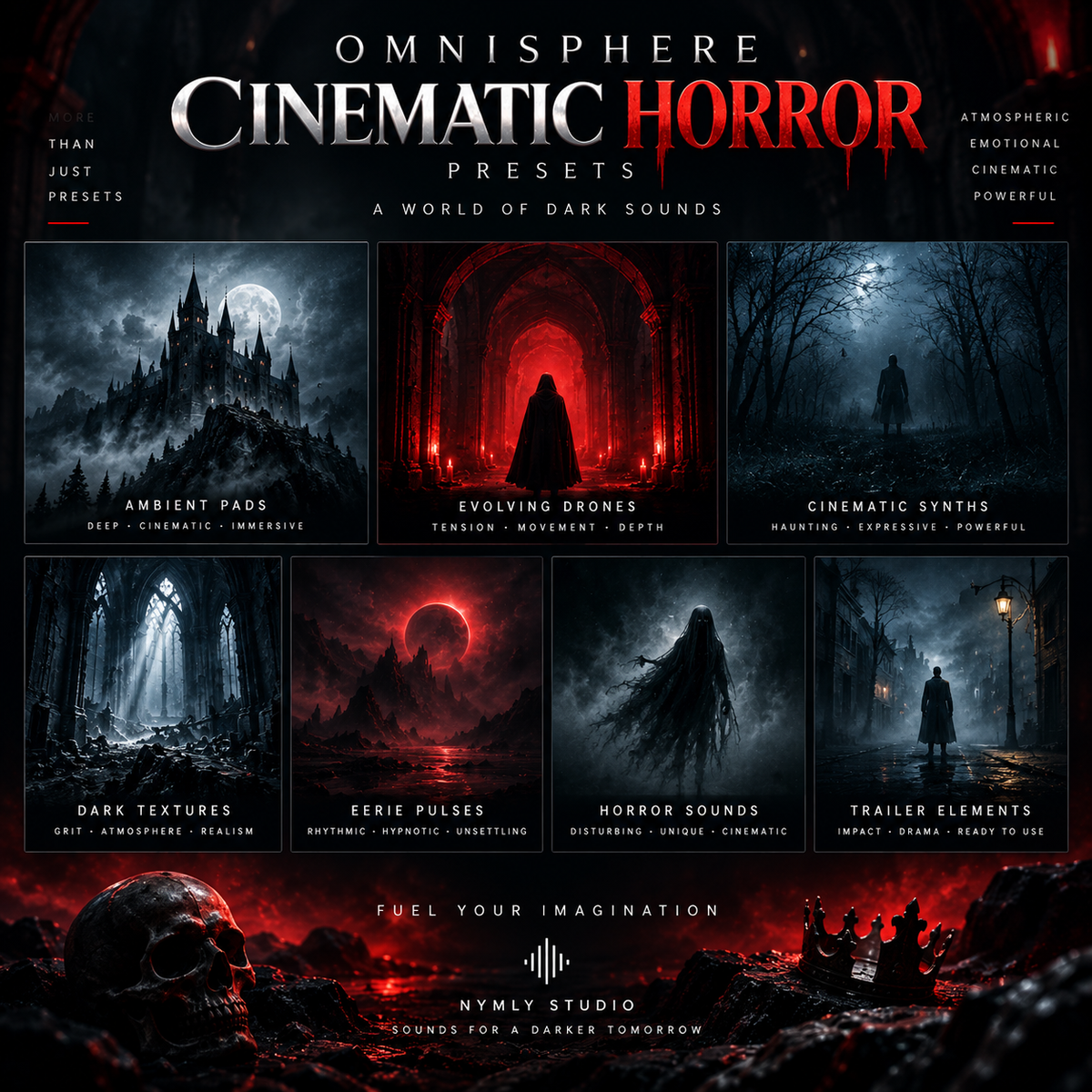 Promotional graphic for 'Omnisphere Cinematic Horror Presets' by Nymlv Studio, featuring six dark, moody horror-themed digital soundscapes: Ambient Pad, Evolving Drones, Cinematic Synths, Dark Textures, Eerie Pulses, and Horror Sounds. The design uses a dark red and black color palette with gothic imagery and bold typography.