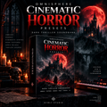 Promotional cover art for the Omnisphere Cinematic Horror Presets soundbank, showing a boxed audio preset package in front of a dark gothic castle scene with a large red moon, candles, and dramatic atmospheric lighting. Visible text includes 'Omnisphere Cinematic Horror Presets,' 'Dark Thriller Soundbank,' and 'Nymly Studio.