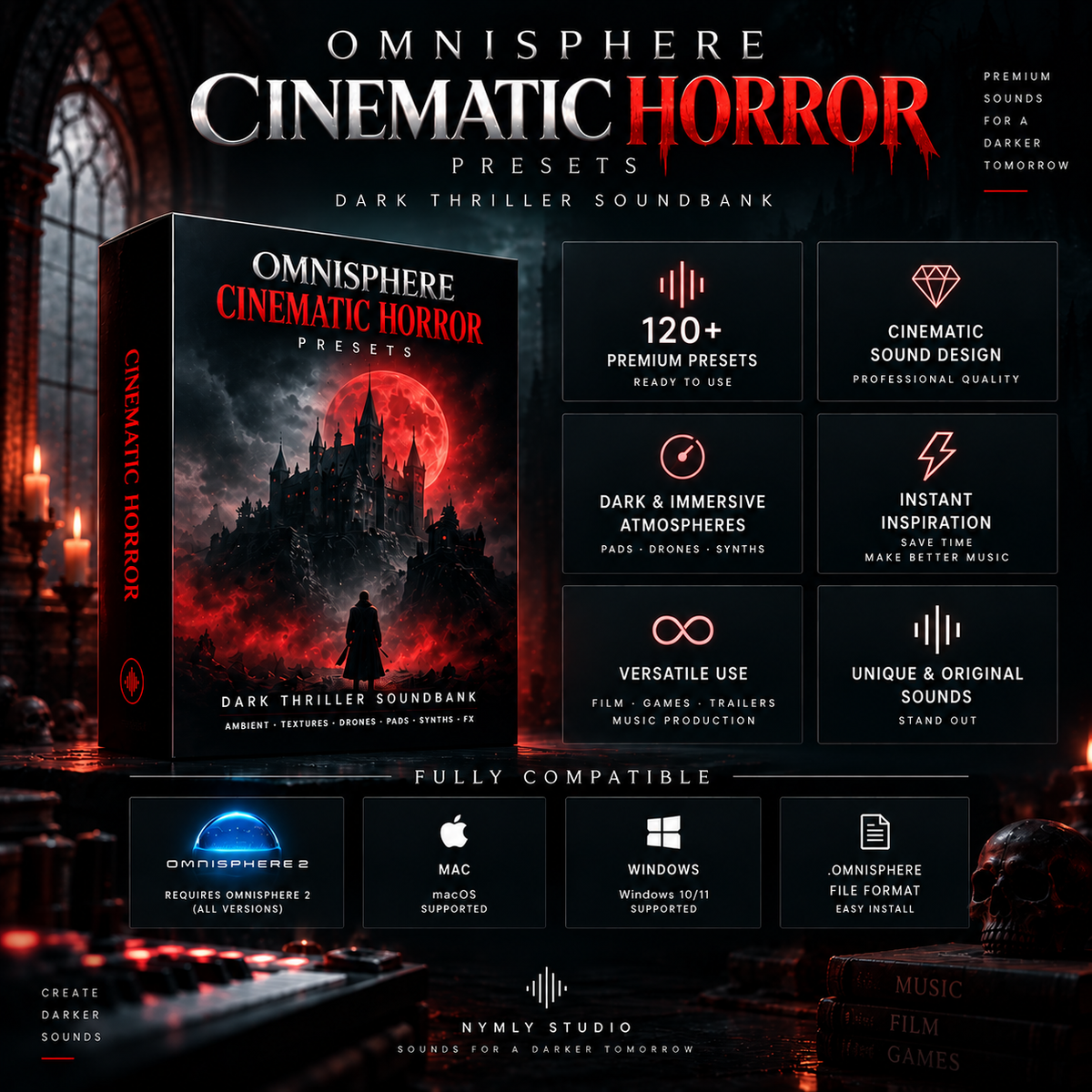 Omnisphere cinematic horror presets featuring 120+ premium sounds, cinematic design, and Omnisphere 2 compatibility.