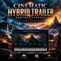 Promotional graphic for a digital audio plugin or library called 'Cinematic Hybrid Trailer - Kontakt Library'. The center features a digital piano interface displaying a fantasy castle landscape under a dramatic sunset sky.