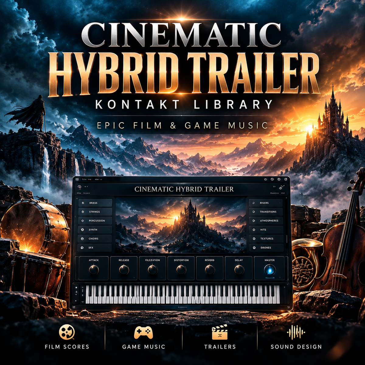 Promotional graphic for a digital audio plugin or library called 'Cinematic Hybrid Trailer - Kontakt Library'. The center features a digital piano interface displaying a fantasy castle landscape under a dramatic sunset sky.