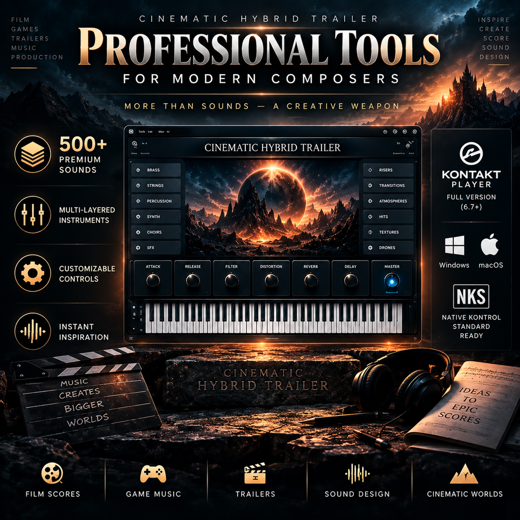 Promotional graphic for a digital software product called 'Professional Tools for Modern Composers' (Cinematic Hybrid Trailer). The design features a dark, cinematic aesthetic with a central software interface mockup showing a virtual piano keyboard and sound effects, flanked by feature callouts on the left and compatibility badges on the right.