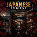 Promotional cover art for a cinematic Japanese ambient soundscape pack labeled 'Kontakt 8 Soundscape.' A large product box is centered in front of a Japanese landscape scene with a torii gate, mountains, lanterns, and autumn leaves.