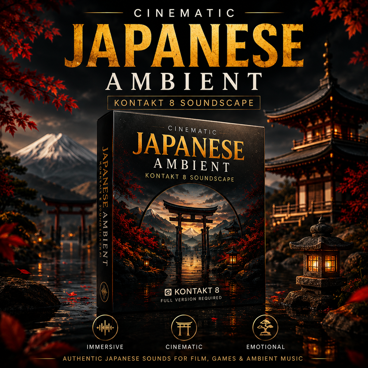 Promotional cover art for a cinematic Japanese ambient soundscape pack labeled 'Kontakt 8 Soundscape.' A large product box is centered in front of a Japanese landscape scene with a torii gate, mountains, lanterns, and autumn leaves.
