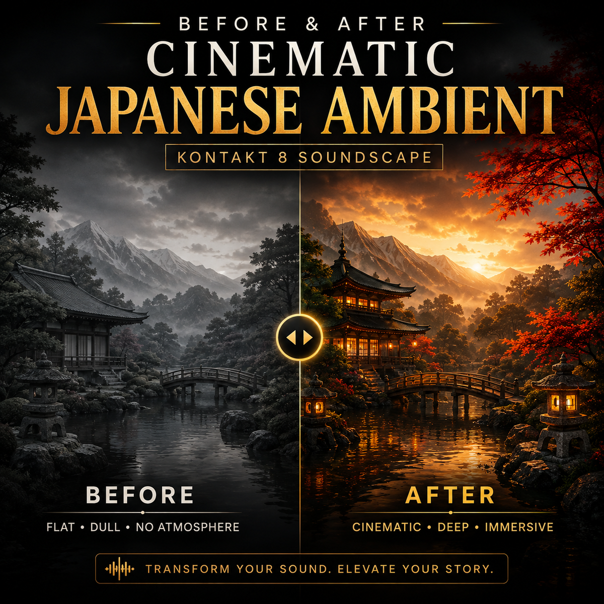 Promotional graphic for a cinematic Japanese ambient soundscape preset, showing a split-screen comparison labeled BEFORE and AFTER. The left side is dark and moody with a traditional Japanese building, bridge, mountains, and river under a cloudy sky.