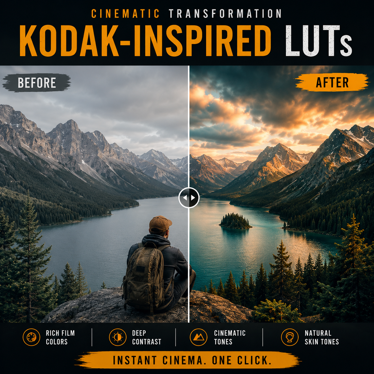 Promotional graphic for 'Kodak-Inspired LUTs' showing a before-and-after landscape photo of a mountain lake with a person sitting on a rock. The left side is labeled 'BEFORE' with muted, desaturated tones, and the right side is labeled 'AFTER' with rich, saturated golden-hour colors.