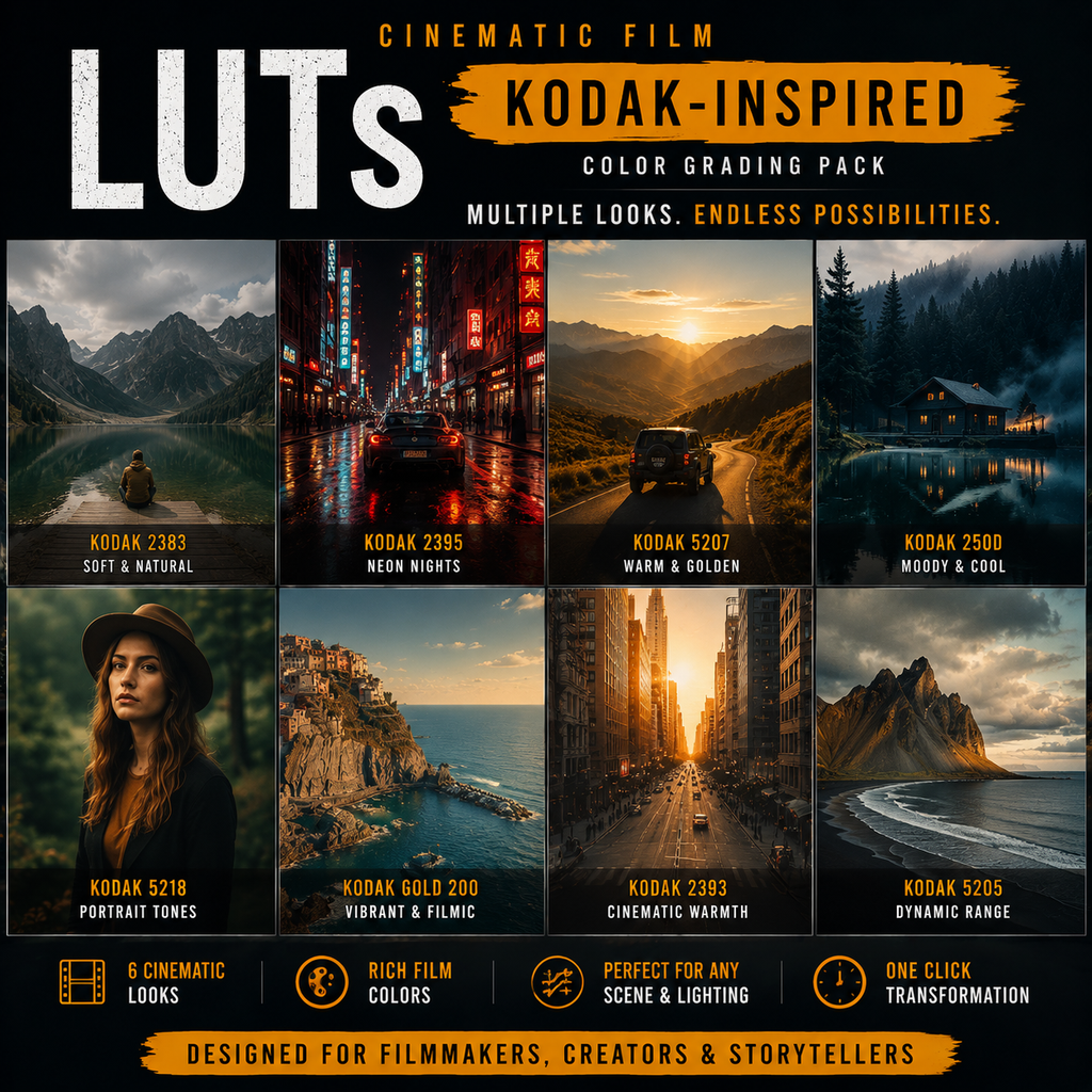 Promotional graphic for a LUTs color grading pack inspired by Kodak film, showing eight landscape and portrait photo panels with different color styles and text including 'LUTs', 'CINEMATIC FILM', 'Kodak-Inspired Color Grading Pack', and feature icons.
