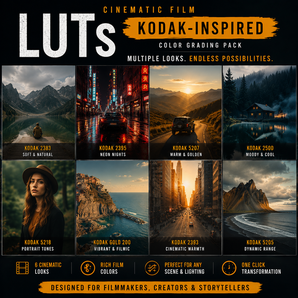 Promotional graphic for a LUTs color grading pack inspired by Kodak film, showing eight landscape and portrait photo panels with different color styles and text including 'LUTs', 'CINEMATIC FILM', 'Kodak-Inspired Color Grading Pack', and feature icons.