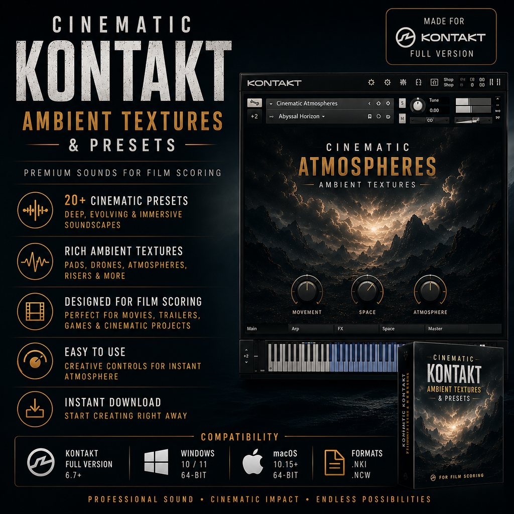 Promotional graphic for Kontakt Ambient Textures & Presets, showing the Kontakt software interface, feature callouts, compatibility logos for Windows, macOS, and Kontakt Full Version, and a dark cinematic atmospheric background.