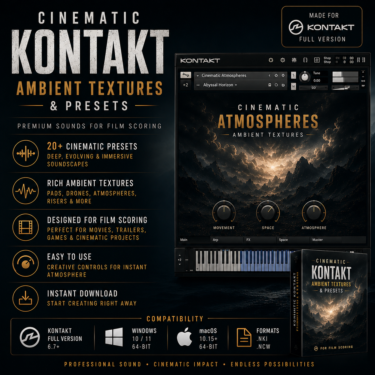 Promotional graphic for Kontakt Ambient Textures & Presets, showing the Kontakt software interface, feature callouts, compatibility logos for Windows, macOS, and Kontakt Full Version, and a dark cinematic atmospheric background.