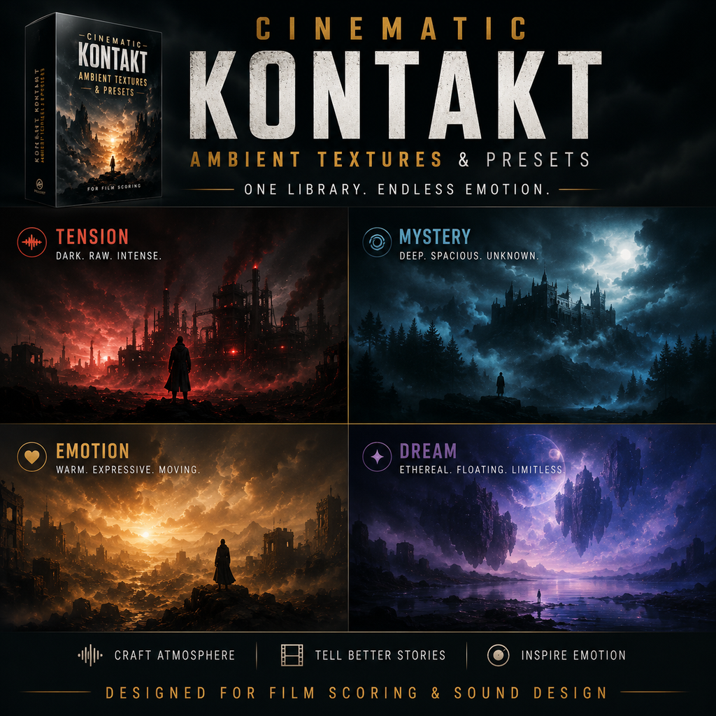 Promotional graphic for the cinematic Kontakt ambient textures and presets library, showing the product box, large 'KONTAKT' title, and four sample scenes labeled Tension, Mystery, Emotion, and Dream with dark fantasy landscape imagery.