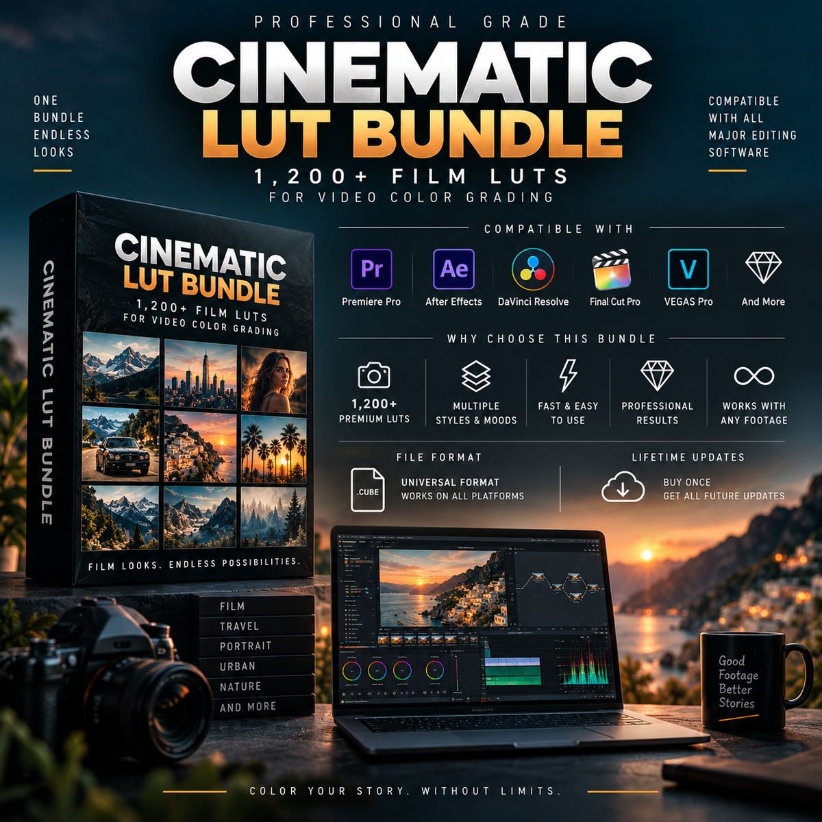 Promotional graphic for a Cinematic Lut Bundle digital product, showing a software box cover, a laptop with color grading curves, a camera, and a mug against a sunset landscape background. Text highlights compatibility with Premiere Pro, After Effects, DaVinci Resolve, Final Cut Pro, and Vegas Pro.