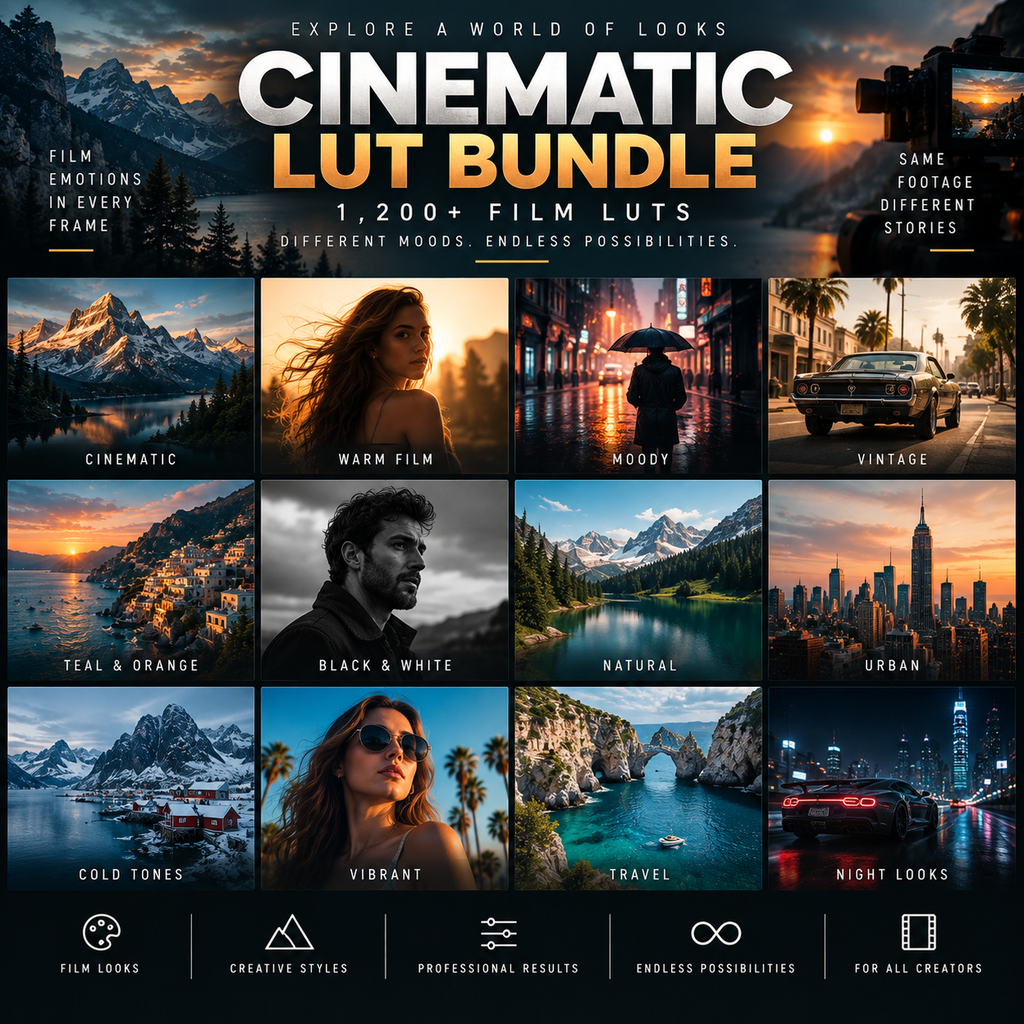 Promotional graphic for a cinematic Lut bundle, showing a grid of sample film-style photo edits and text such as 'Cinematic Lut Bundle,' '1,200+ Film Luts,' and various mood labels like cinematic, warm film, moody, vintage, teal and orange, black and white, natural, urban, cold tones, vibrant, travel, and night looks.