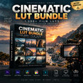 Promotional graphic for a Cinematic Lut Bundle digital product, showing a large product box, a preview of edited video footage, and feature icons for Adobe Premiere Pro, After Effects, Daifuku Resolve, Final Cut Pro, and VEGAS Pro.